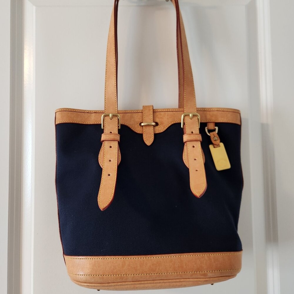Dooney & Bourke Navy Tan Cabriolet Canvas Bucket Bag